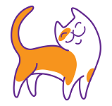 Logo – oranje-witte kat van De Vrolijke Huiskat, gebruikt als afsluitend element van pagina
