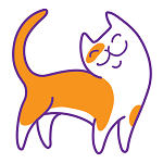 Logo – oranje-witte kat van De Vrolijke Huiskat, gebruikt als afsluitend element van pagina